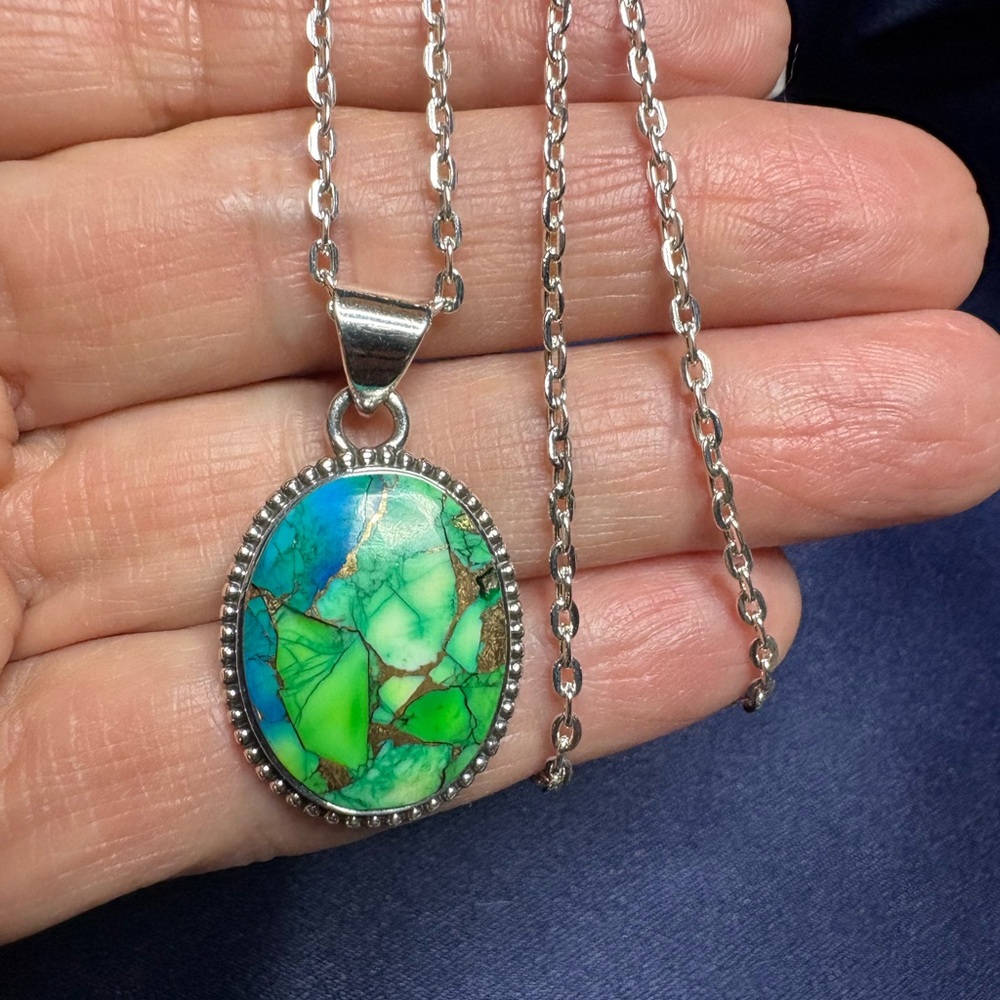 Pendant Peacock Dahlia Turquoise 925 Sterling Silver Oval Statement Necklace - Picture 7 of 8